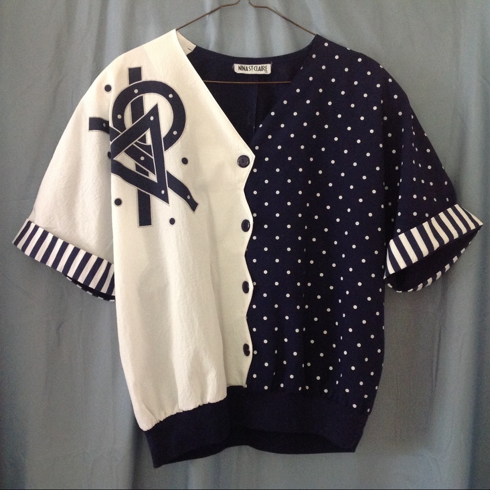 1980s fun navy blue and white top